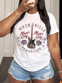 1 pieza Camiseta Casual para Mujer con Estampado de Guitarra y Rosas de Nashville Music City Tennessee, Estilo Country para Espectáculos de Música en Vivo, 180g Algodón 100% - Blanco - Ver 2