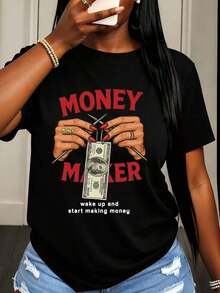 Women's Short-Sleeved T-Shirt With A "Money Maker" Graphic Print Featuring Hands Holding A Dollar Bill And The Text "Wake Up And Start Making Money," Casual Style For Everyday Wear. - 黑色 - 查看 6