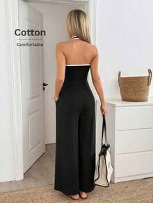 Mono de pierna ancha con contraste en el escote y la cintura, de tela de algodón cómoda, uso casual, relajado y elegante para la oficina/vacaciones para mujeres, primavera/verano - Negro - Ver 6