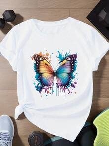 Camiseta de Mujer con Estampado de Mariposa, Camiseta Deportiva de Manga Corta para Mujer de Talla Grande - Blanco - Ver 1