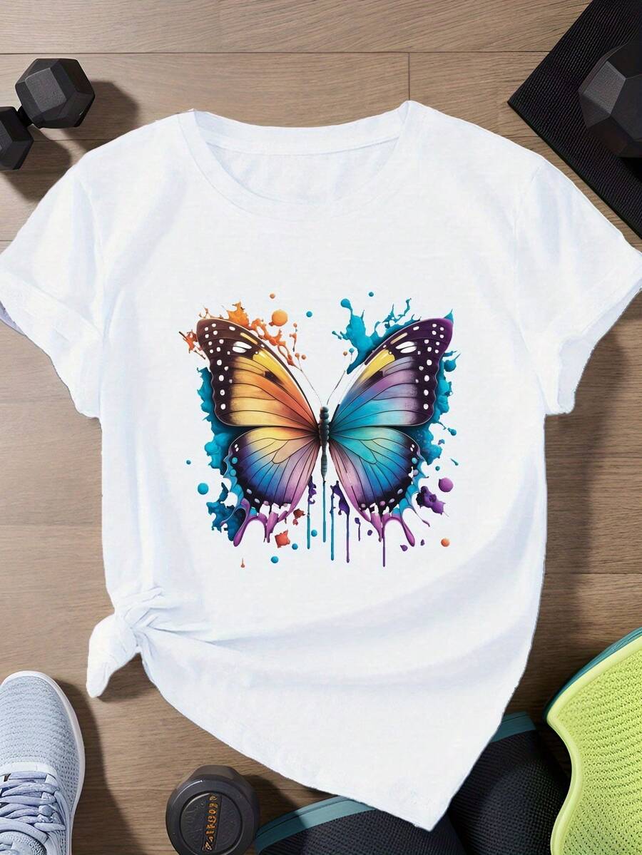 Camiseta de Mujer con Estampado de Mariposa, Camiseta Deportiva de Manga Corta para Mujer de Talla Grande - Blanco - Ver 1