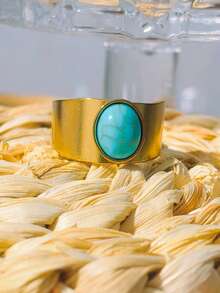 1pc Elegant Turquoise Stainless Steel Wide Band Minimalist Versatile Adjustable Ring - Yellow Gold - View 2