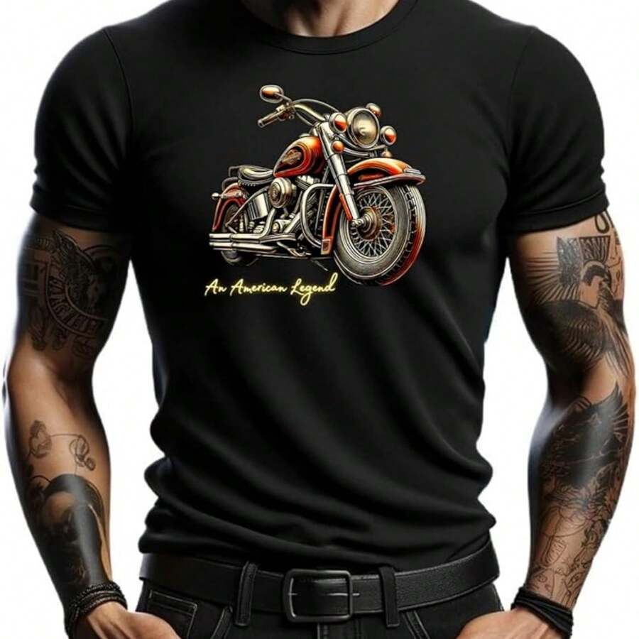 4People Schwarzes T-Shirt für Herren mit Vintage-Motorrad-Design - An American Legend - Negro - Ver 1