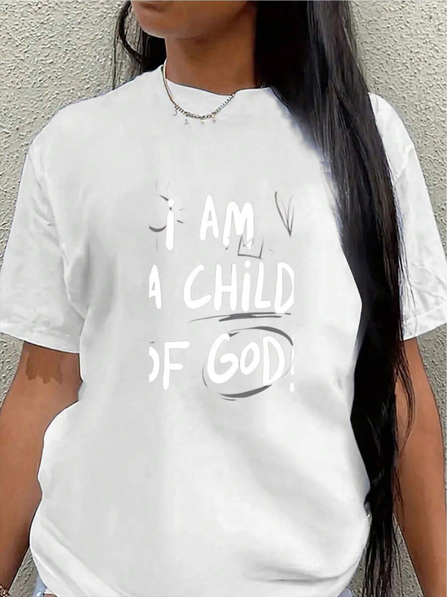 Short-Sleeved Polyester T-Shirt With The Religious Message "I Am A Child Of God" Printed On It. Lightweight And Durable, Suitable For Everyday Wear, At Home, At Church, Or For Casual Outings. Features Fabric Printing Technology. Casual Blouse For Women. - 白色 - 查看 1