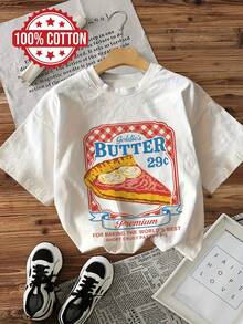 Playeras de mujer estilo retro con etiqueta de precio para Goldie's BUTTER 29￠. Camiseta de manga corta con estampado de letras premium [Plana]. Blusas casuales para dama. - Blanco - Ver 1