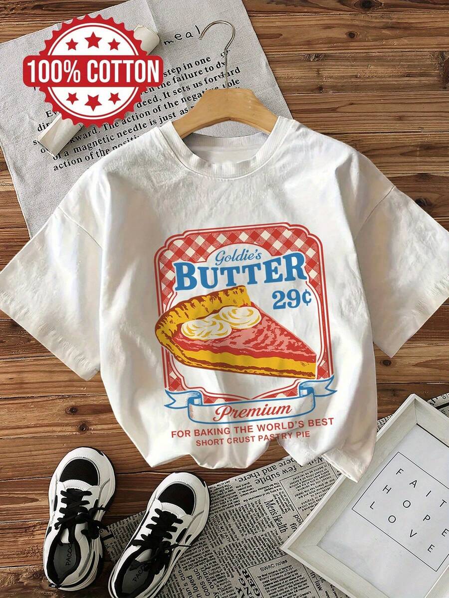 Playeras de mujer estilo retro con etiqueta de precio para Goldie's BUTTER 29￠. Camiseta de manga corta con estampado de letras premium [Plana]. Blusas casuales para dama. - Blanco - Ver 1