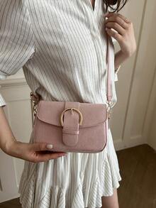 Bolso de mano pequeño con solapa para mujer, bolso cuadrado con decoración de hebilla de metal de moda, bolso de hombro y bandolera - Rosa Pálido - Ver 6
