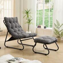 Sillón de jardín con reposapiés, cómodo sillón reclinable con cojín suave y reposapiés, ideal para el salón, el dormitorio o el rincón de lectura, estructura y cojín de color beige. - Gris - Ver 2