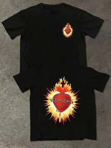 Women's T-Shirt With Double-Sided Print Of A Heart With A Crown Of Thorns And A Burning Cross. Unique And Modern Design, 100% Cotton, Ideal For Any Occasion. - 黑色 - 查看 7
