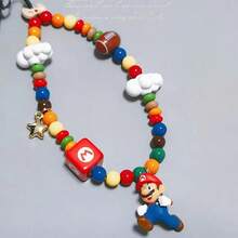 SUPER MARIO BROS. 1件超級水管工兄弟遊戲主題串珠掛繩，手工製配件，配有多色珠子、經典角色造型、Logo方塊、雲朵與星星吊飾，耐用時尚，適合客製化包包、鑰匙圈與個人配件 - 彩色 - 查看 1