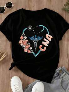 Camiseta de Mujer CNA con Estampado de Estetoscopio, Corazón, Caduceo y Flores para Primavera, Verano, Trabajo y Uso Casual - Negro - Ver 2