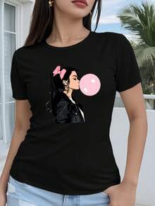¡Oferta por tiempo limitado, unidades limitadas,  relámpago! Camisas casuales para mujer, camisetas de poliéster para mujer, camisas elegantes. Camiseta de manga corta para mujer, corte regular, con estampado de dibujos animados geométricos 2D de burbujas, cuello redondo, casual, apta para todas las estaciones, disponible en varios colores y tallas, moda festiva, estética vintage, material transpirable, estampado divertido - Negro - Ver 7