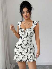 Vestido camisero con volantes en el bajo y hombros descubiertos, estilo vintage con estampado, vestido entallado de línea A - Blanco y Negro 5 - Ver 6