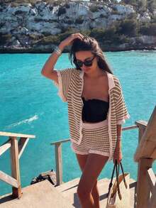 Conjunto de 2 piezas para mujer Senya: Blusón suelto a rayas con escote en V y hombros descubiertos, de manga corta y ganchillo como traje de baño, y shorts a rayas rosa con cintura elástica, conjunto de punto para primavera/verano, adecuado para ir al trabajo, vacaciones casuales, playa, fiestas de solteros y fiestas en la piscina - Gris - Ver 4