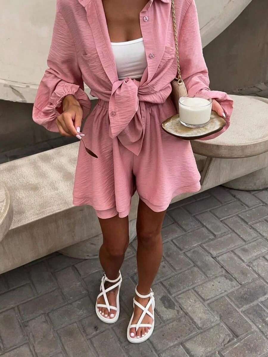 Conjunto mujer manga larga con volantes y pantalones cortos casual - rosa - Ver 1