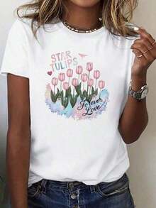 Camiseta de Algodón Suave para Mujer, Diseño de Mariposas y Estrellas Tulipán - Ajuste Cómodo, Mangas Cortas, Cuello Redondo, Patrón Geométrico, Lavable a Máquina, Estilo Casual, Uso en Toda - Blanco - Ver 7