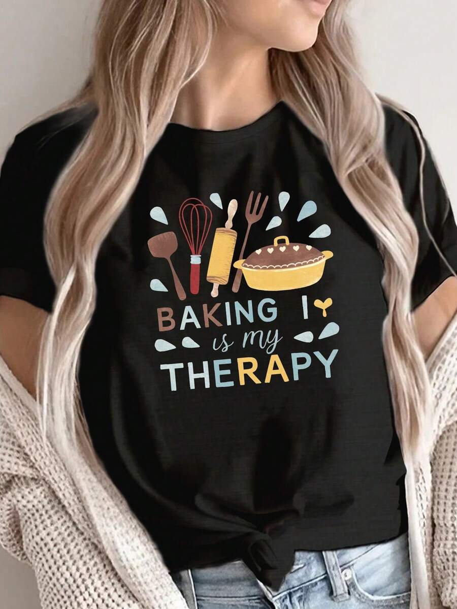 La repostería es mi terapia, camiseta estampada, camiseta casual de manga corta con cuello redondo para primavera y verano, ropa de mujer. - Negro - Ver 1