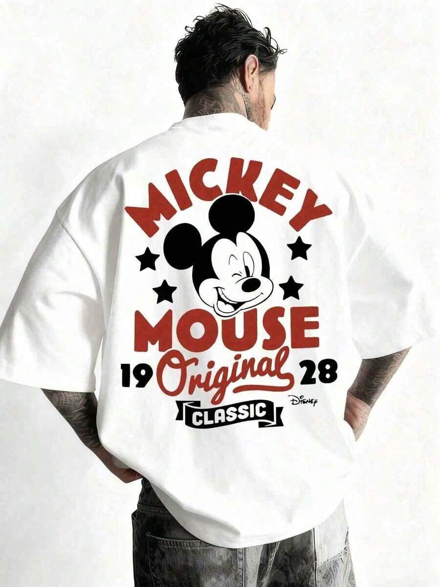 Disney-1928 Original Classic Mickey Blink Retro Pattern T-Shirt, Slimming Down With Half Sleeves, Nostalgic And Eye-Catching Item On The Street - White - View 1