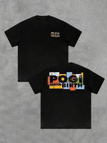Camiseta Casual para Hombre POGI SINCE BIRTH, Impresión a Doble Cara, 220g, 100% Algodón, Camiseta con Diseño Gráfico, Estilo Retro con Letras en Bloque - Negro - Ver 6
