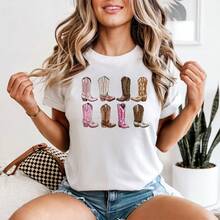 Camiseta Gráfica de Moda Occidental para Mujer con Estampado de Botas de Vaquero, Estilo Country, Camisetas de Moda, Tops Cómodos, Camisetas Transpirables - Blanco - Ver 1