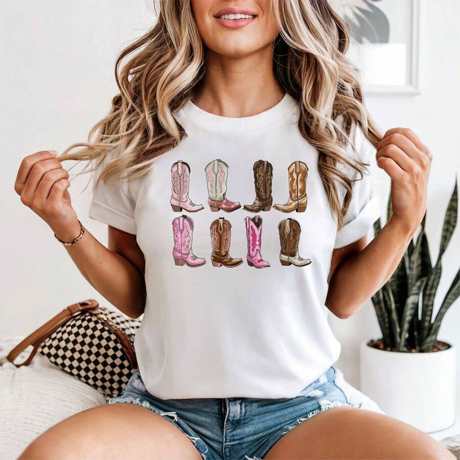 Camiseta Gráfica de Moda Occidental para Mujer con Estampado de Botas de Vaquero, Estilo Country, Camisetas de Moda, Tops Cómodos, Camisetas Transpirables - Blanco - Ver 1