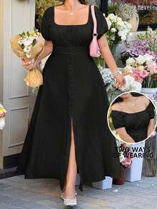 GalTyme Vestido de talla grande con textura trenzada de nudos de bambú - Negro - Ver 8