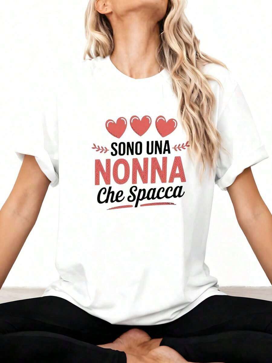 Sono Una Nonna Che Spacca Women's Casual Short Sleeve T-Shirt With Round Neck And Letter Print, Spring Summer, Daily Style, Daily Outings, Holiday Gift, Women's T-Shirts - 白色 1 - 查看 1