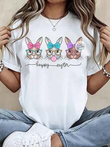Camiseta ModernoCute con Estampado de Conejitos Coloridos con Gafas y Lazos para Mujer, Ropa Casual, Atuendo de Pascua, Moda de Primavera - Blanco - Ver 6