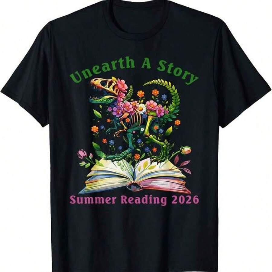 Descubre una Historia: Lectura de Verano 2026, Camiseta Floral con Diseño de Libro de Dinosaurios - Negro - Ver 1