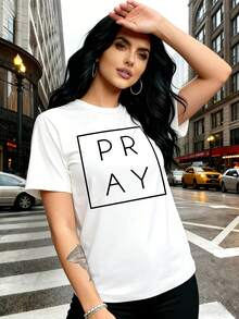 Camiseta de mujer con estampado de oración, top casual de manga corta y cuello redondo, adecuada para usar en primavera y verano, tops de mujer. - Blanco - Ver 5