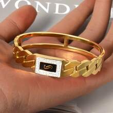 Vòng tay Cuban bằng thép không gỉ mạ vàng 18K, đính đá Cubic Zirconia, trang sức không bị xỉn màu dành cho nam giới, thích hợp đeo hàng ngày và dự tiệc. - Vàng - Xem 3
