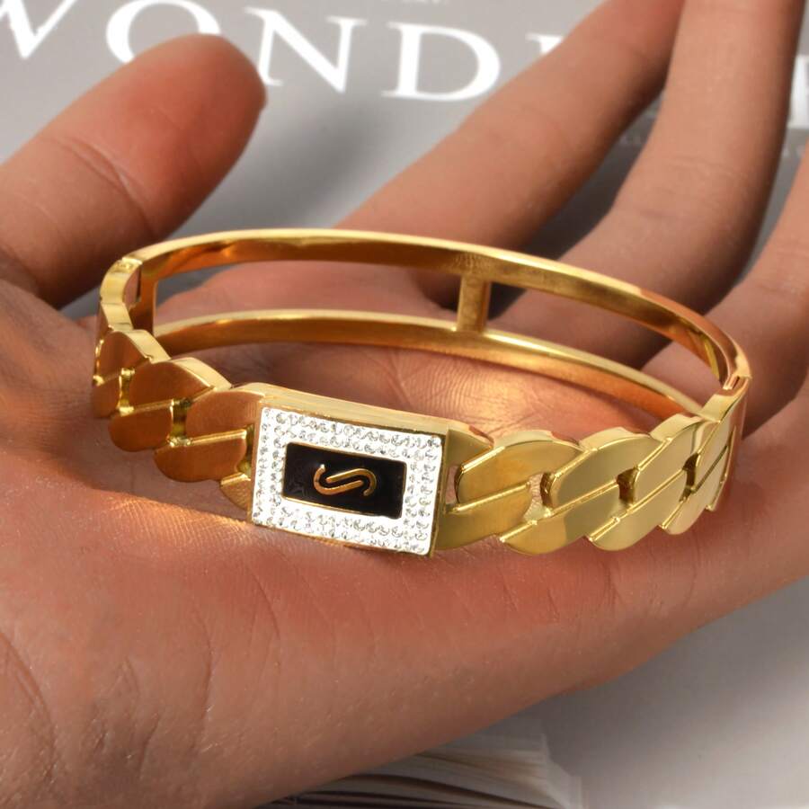 Vòng tay Cuban bằng thép không gỉ mạ vàng 18K, đính đá Cubic Zirconia, trang sức không bị xỉn màu dành cho nam giới, thích hợp đeo hàng ngày và dự tiệc. - Vàng - Xem 1