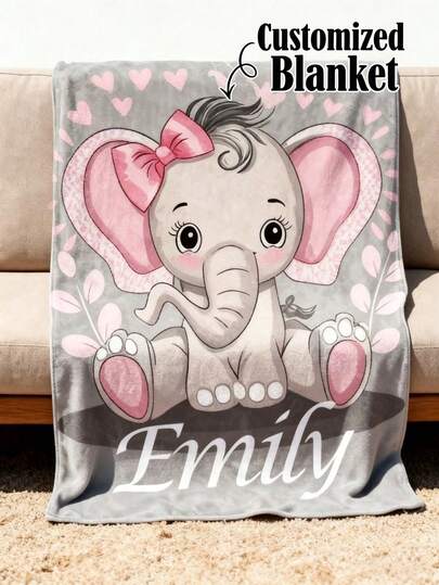 Manta personalizada con impresión digital Manta de franela con diseño de elefante y lazo rosa y corazón para bebé niña, manta suave y acogedora personalizada, manta de forro polar ligera para bebé, niño pequeño, niños y adultos, manta cálida para todo el año para cama, sofá y sillón, manta personalizada como regalo para cumpleaños de niña y baby shower