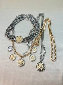 4PCS Two-Tone Layered Coin Necklace Set, Punk Chunky Chain Jewelry - Coin Badge - View 6
