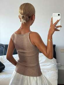 Blusa de punto ajustada de verano con cuello en V sin mangas en color caqui para mujer - Gris - Ver 5