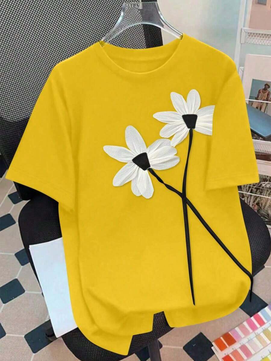 Camiseta de manga corta con cuello redondo y estampado floral, camisetas gráficas para mujer - Amarillo - Ver 1