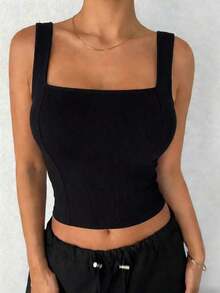 Camiseta de mujer de cuello alto con ajuste ceñido, camiseta sin mangas tipo tanque con estilo Y2K - Negro 11 - Ver 1