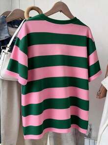 Camiseta de manga corta de ajuste holgado con estampado de rayas de contraste, de uso casual, para ir al trabajo y de moda callejera, para verano - Multicolor 11 - Ver 2