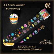 1卷图案PET装饰胶带，彩色日记系列，多种设计，包括星星、丝带、几何图形和便签图案，色彩鲜艳。适用于剪贴簿、笔记本、相册、DIY装饰和必备学习用品。 - A - 查看 10