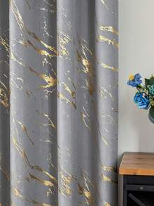 1pc/2pcs Gold Foil Blackout Curtains, Marble Gold Foil Technique, Top Grommet Design, Fully Blackout Lining, Lightweight Curtains, Block Sunlight Room Darkening Privacy Curtains For Living Room, Bedroom, Study, Home Decor, Holiday, Grey - Dark Grey - View 8