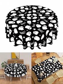 1pc Halloween Theme Polyester Tablecloth, Round Diameter 145cm (57.08inch), Rectangular 140x180cm (55.11inch X 70.87inch), Halloween Tablecloth, Decorative Tablecloth, Cartoon Cute Ghost Pattern On Black Background, Ghost Elements, Suitable For Halloween Family Gathering, Restaurant Decoration, Living Room Round Table Holiday Decor - Multicolor - View 1
