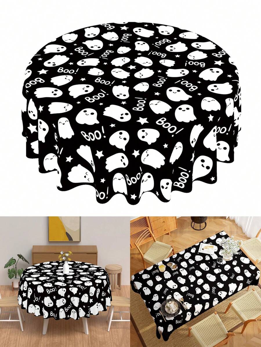 1pc Halloween Theme Polyester Tablecloth, Round Diameter 145cm (57.08inch), Rectangular 140x180cm (55.11inch X 70.87inch), Halloween Tablecloth, Decorative Tablecloth, Cartoon Cute Ghost Pattern On Black Background, Ghost Elements, Suitable For Halloween Family Gathering, Restaurant Decoration, Living Room Round Table Holiday Decor - Multicolor - View 1