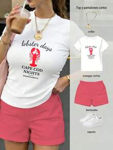 Conjunto de dos piezas de camiseta y shorts para mujer, con patrón de langosta roja en el frente y letras divertidas, llamativo y versátil para uso diario casual - Camiseta blanca + pantalones cortos ROSA - Ver 6