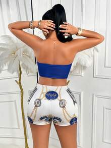 AIJ Amarilo Elegant Sexy Backless Tie-Front 2 Pieces Set, Made Of Moderate Stretch Fabric, Suitable For Summer Vacation, Beach, Casual Party - White and Blue - View 2