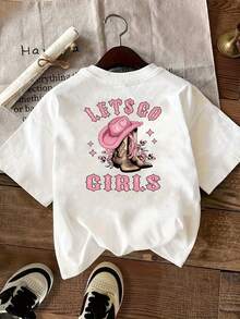 Camiseta de manga corta con estampado frontal y trasero, "LET'S GO GIRLS", camiseta casual moderna para mujer con diseño de bota vaquera occidental, top casual de manga corta y cuello redondo, adecuada para verano y primavera, ropa de mujer 100% algodón. - Blanco - Ver 2