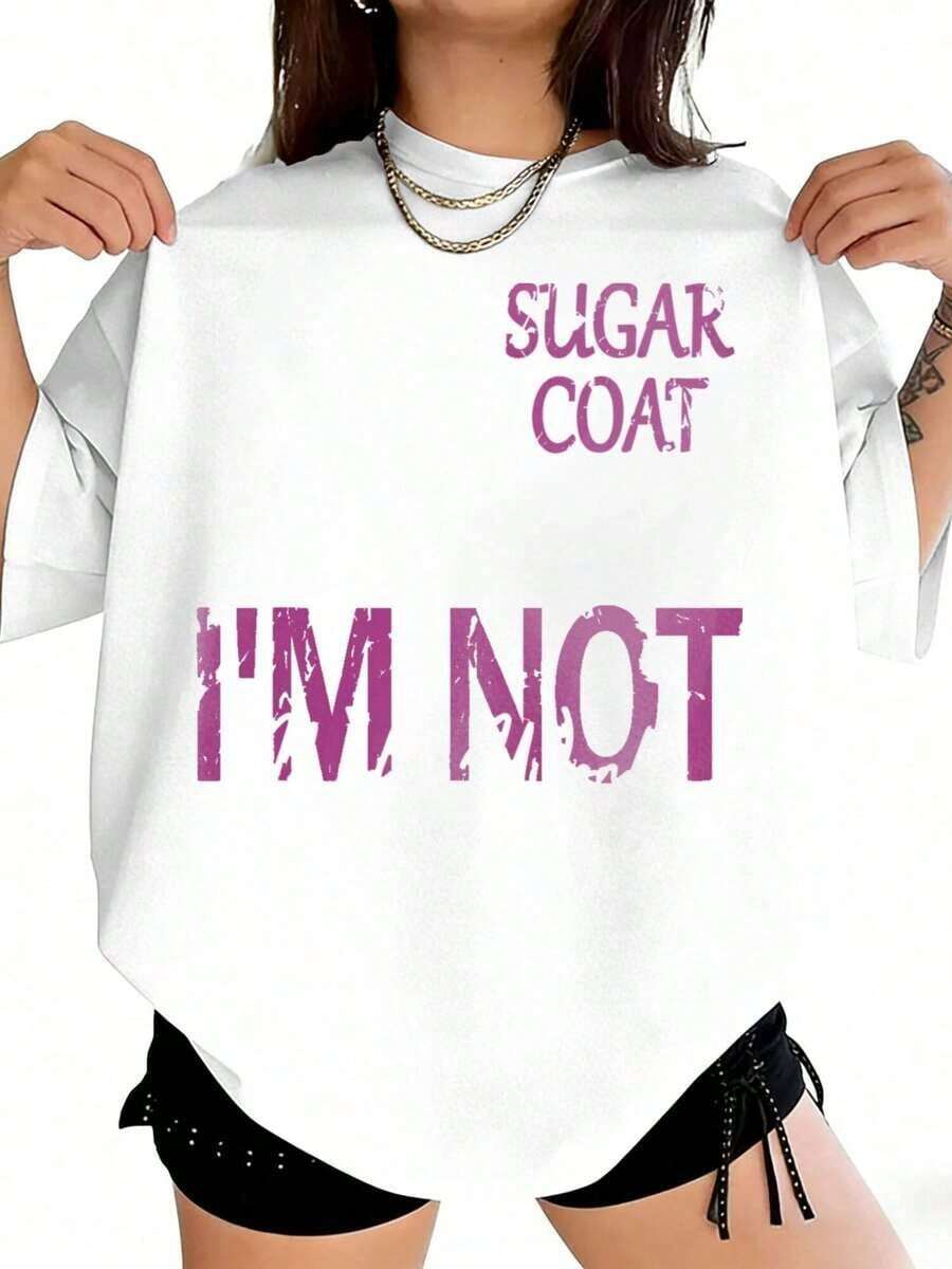 Novedad 2026: Camiseta Casual de Talla Grande para Mujer con Estampado Humorístico "I Don't Sugar Coat" - Cuello Redondo, Ropa de Moda para Damas, Ligera y Transpirable, Conjuntos de Vacaciones para Mujer, Ropa de Verano para Mujer, Tela Suave y Transpirable, 100% Algodón, Camiseta Gráfica para Uso Diario. - Blanco - Ver 1