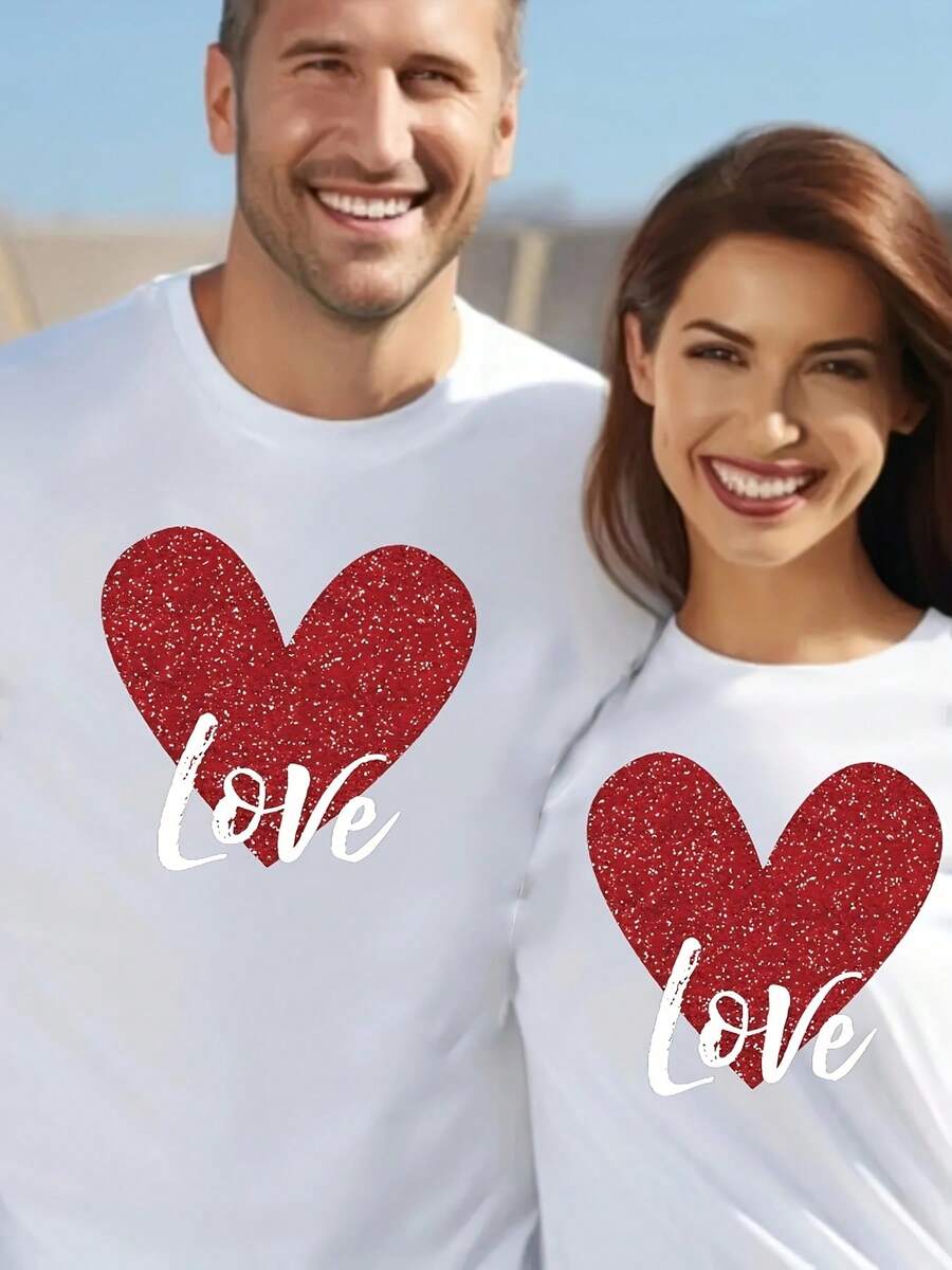 Camiseta de Mujer con Estampado Corazón y Letras Amorosas, Moda Vibrante para Primavera/Otoño - Blanco - Ver 1