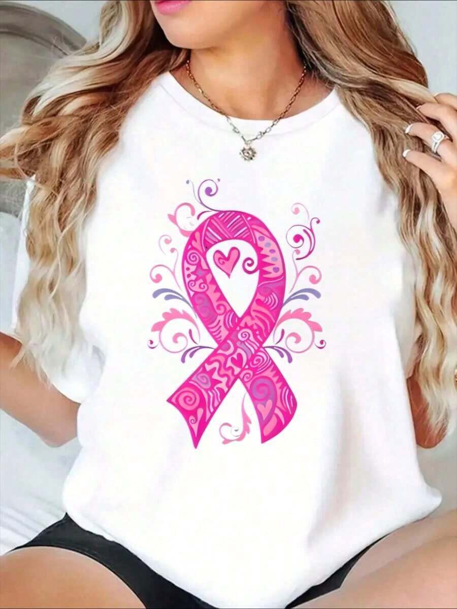 Camiseta con diseño de la cinta de concientización sobre el cáncer de mama para mujeres, para mostrar apoyo y solidaridad - Estilo callejero vintage, unisex, de algodón, manga corta, cuello redondo, 100% algodón. - Blanco - Ver 1