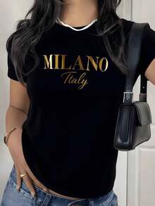 T-Shirt With Graphic Print Of The City Of Milan, Italy, 180g, 1 Piece, Casual Summer Style For Women, 100% Cotton, Minimalist Streetwear Style - 黑色 - 查看 9