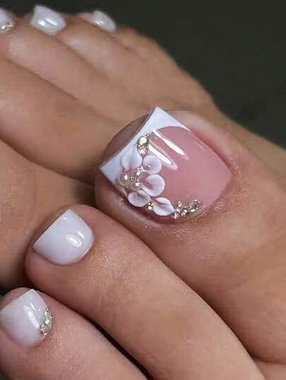 24 pezzi Set di adesivi per manicure francese rosa nudo, Nail Wraps istantanee da donna con design floreale 3D e strass, Copri unghie finte per i piedi, Kit di arte di unghie estivo delicato